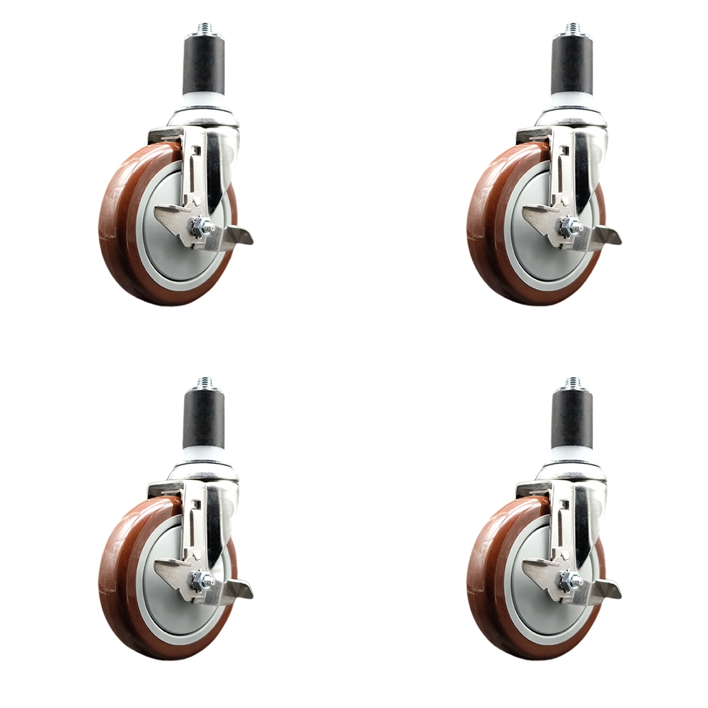 Polyurethane Swivel Stem Caster Set of 4 with 5 Inch Maroon Caster Wheels - 1-1/2" Expanding Stems - 316 Stainless Steel Casters - Includes 4 Swivel Casters with Top Lock Brakes - Service Caster Brand — photo 1