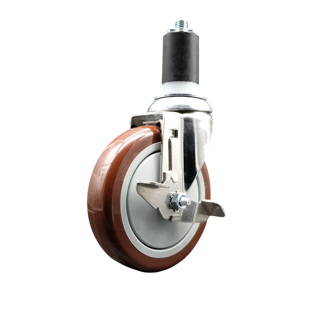 Polyurethane Swivel Stem Caster with 5 Inch Maroon Caster Wheel and Top Lock Brake - 1-1/2" Expanding Stem - 316 Stainless Steel Caster - 350 lbs. Capacity Per Caster - Service Caster Brand — photo 1