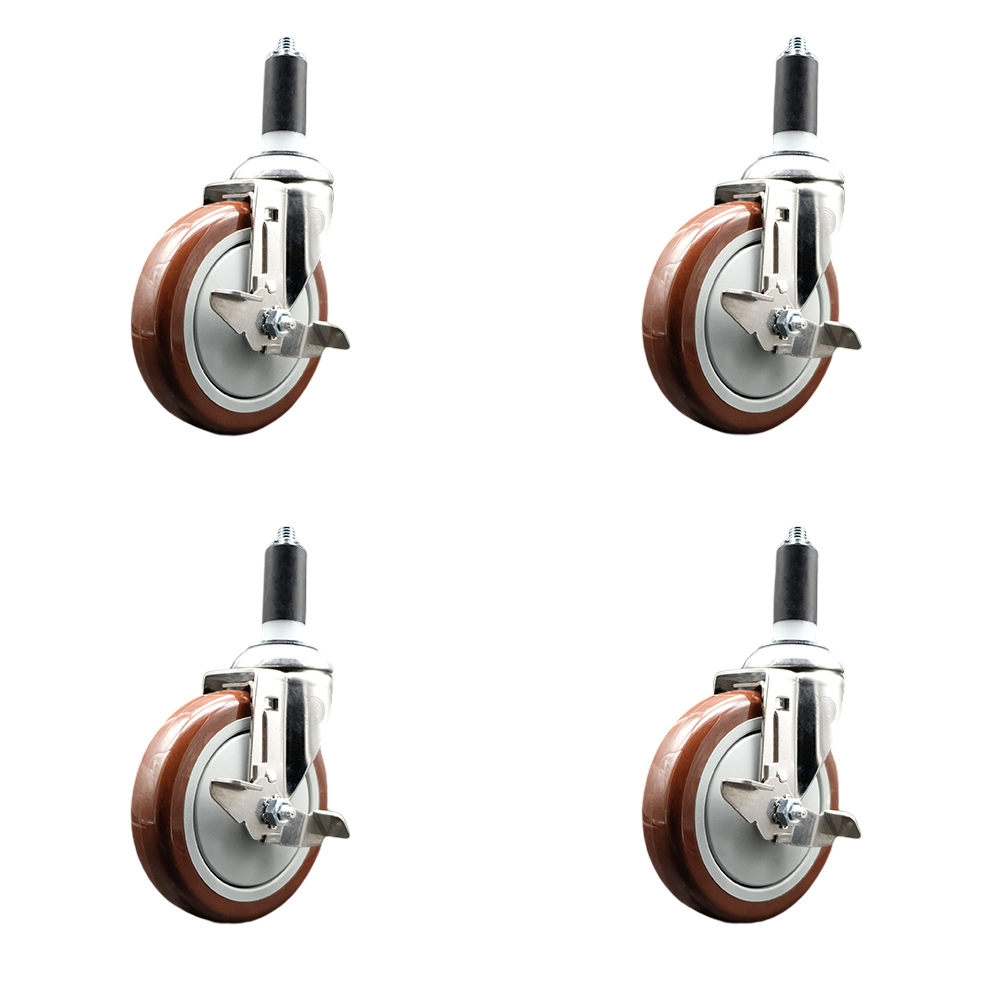 Polyurethane Swivel Stem Caster Set of 4 with 5 Inch Maroon Caster Wheels - 1-1/4" Expanding Stems - 316 Stainless Steel Casters - Includes 4 Swivel Casters with Top Lock Brakes - Service Caster Brand — photo 1