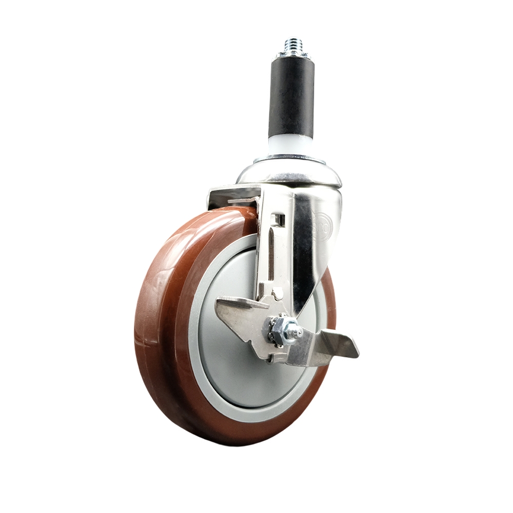 Polyurethane Swivel Stem Caster with 5 Inch Maroon Caster Wheel and Top Lock Brake - 1-1/4" Expanding Stem - 316 Stainless Steel Caster - 350 lbs. Capacity Per Caster - Service Caster Brand — photo 1