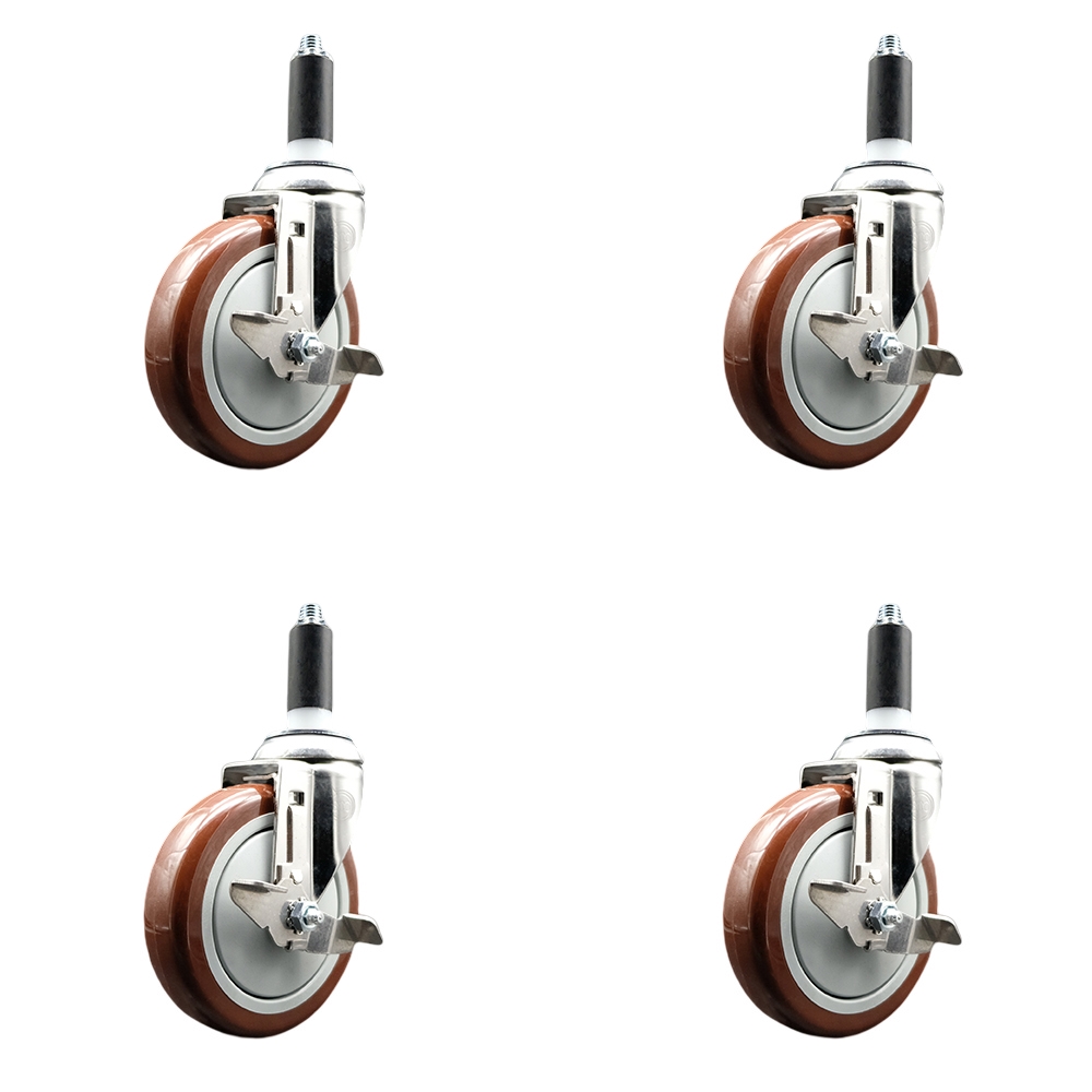 Polyurethane Swivel Stem Caster Set of 4 with 5 Inch Maroon Caster Wheels - 1-1/8" Expanding Stems - 316 Stainless Steel Casters - Includes 4 Swivel Casters with Top Lock Brakes - Service Caster Brand — photo 1