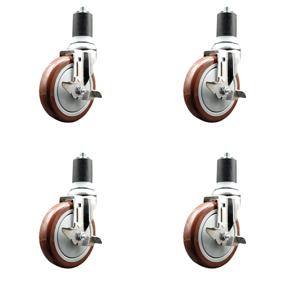 Polyurethane Swivel Stem Caster Set of 4 with 5 Inch Maroon Caster Wheels - 1-3/4" Expanding Stems - 316 Stainless Steel Casters - Includes 4 Swivel Casters with Top Lock Brakes - Service Caster Brand — photo 1