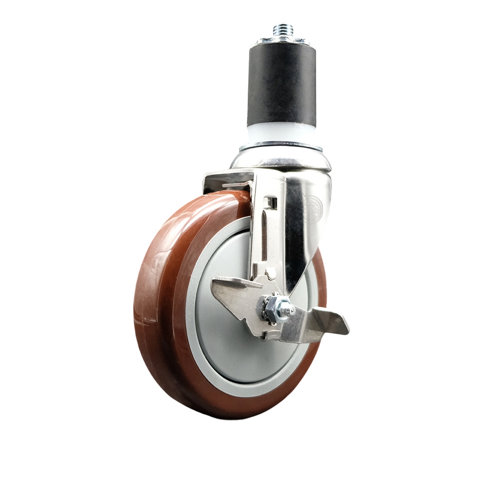 Polyurethane Swivel Stem Caster with 5 Inch Maroon Caster Wheel and Top Lock Brake - 1-3/4" Expanding Stem - 316 Stainless Steel Caster - 350 lbs. Capacity Per Caster - Service Caster Brand — photo 1