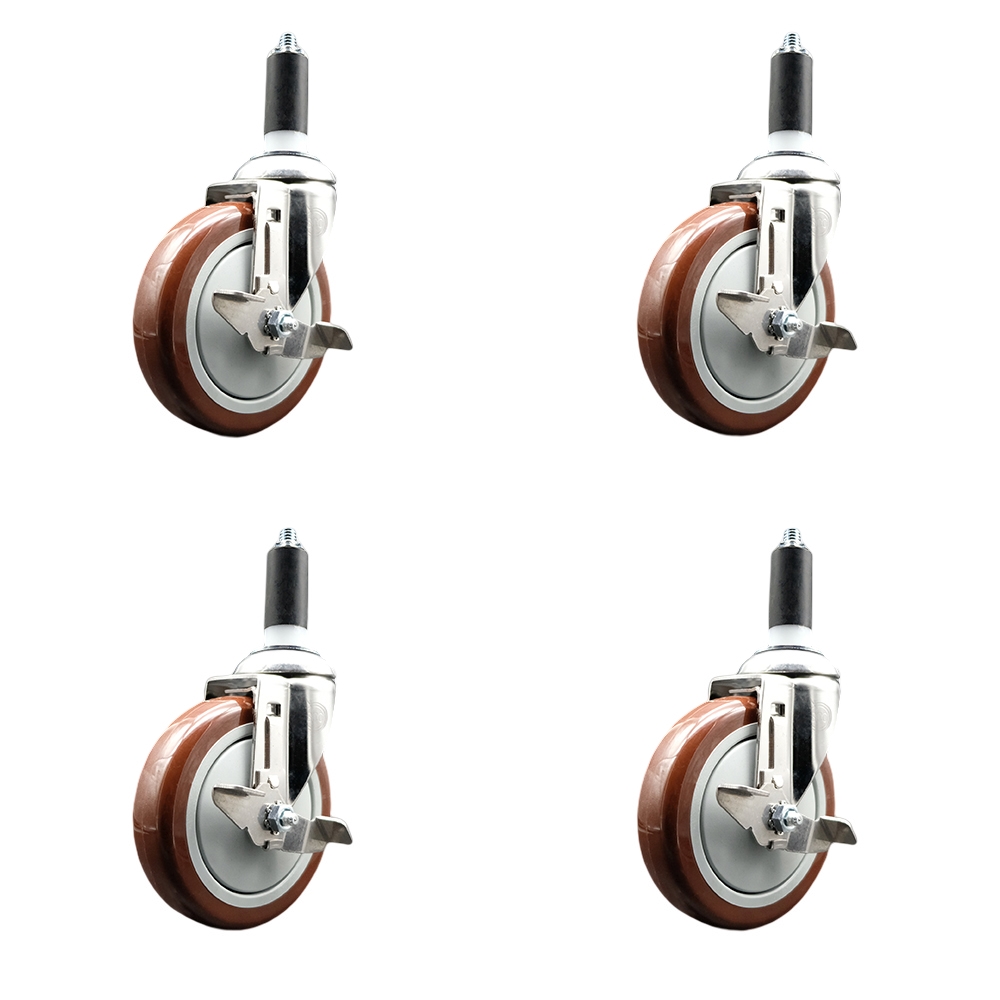 Polyurethane Swivel Stem Caster Set of 4 with 5 Inch Maroon Caster Wheels - 1-3/8" Expanding Stems - 316 Stainless Steel Casters - Includes 4 Swivel Casters with Top Lock Brakes - Service Caster Brand — photo 1