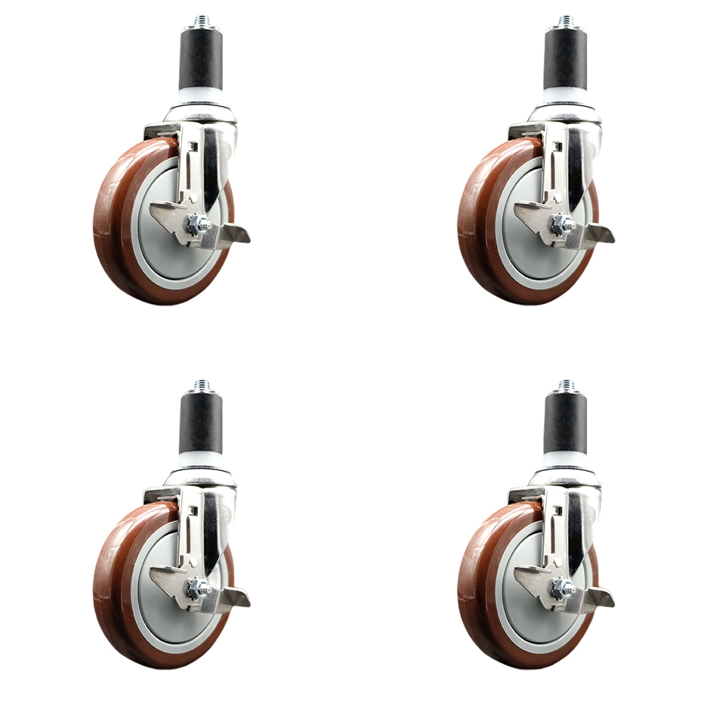 Polyurethane Swivel Stem Caster Set of 4 with 5 Inch Maroon Caster Wheels - 1-5/8" Expanding Stems - 316 Stainless Steel Casters - Includes 4 Swivel Casters with Top Lock Brakes - Service Caster Brand — photo 1