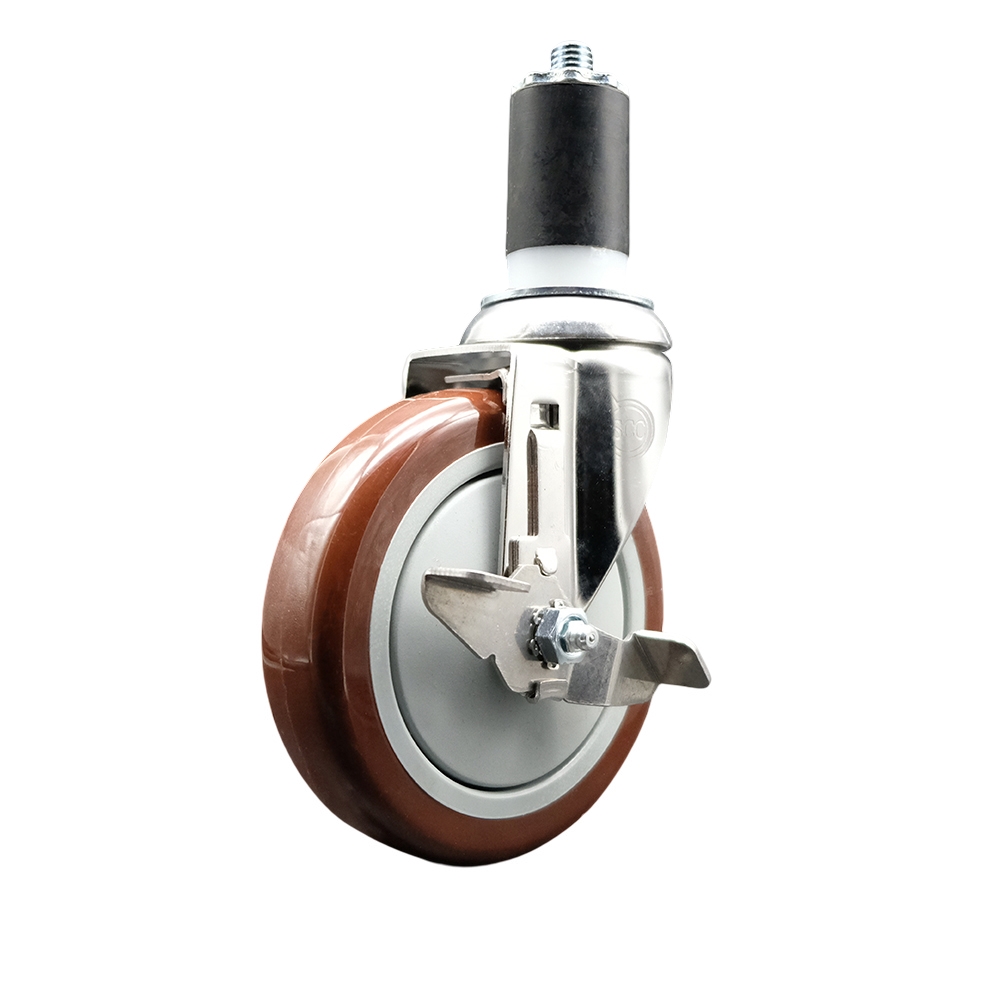 Polyurethane Swivel Stem Caster with 5 Inch Maroon Caster Wheel and Top Lock Brake - 1-5/8" Expanding Stem - 316 Stainless Steel Caster - 350 lbs. Capacity Per Caster - Service Caster Brand — photo 1