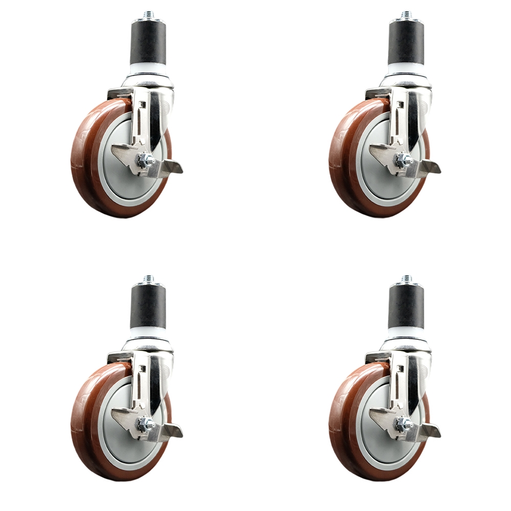 Polyurethane Swivel Stem Caster Set of 4 with 5 Inch Maroon Caster Wheels - 1-7/8" Expanding Stems - 316 Stainless Steel Casters - Includes 4 Swivel Casters with Top Lock Brakes - Service Caster Brand — photo 1