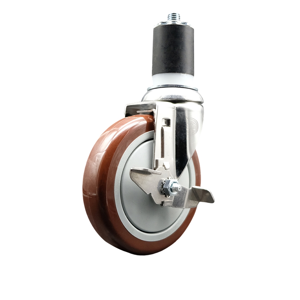 Polyurethane Swivel Stem Caster with 5 Inch Maroon Caster Wheel and Top Lock Brake - 1-7/8" Expanding Stem - 316 Stainless Steel Caster - 350 lbs. Capacity Per Caster - Service Caster Brand — photo 1