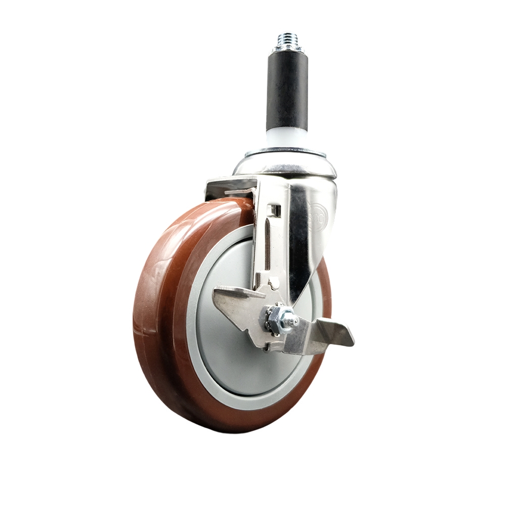 Polyurethane Swivel Stem Caster with 5 Inch Maroon Caster Wheel and Top Lock Brake - 1" Expanding Stem - 316 Stainless Steel Caster - 350 lbs. Capacity Per Caster - Service Caster Brand — photo 1