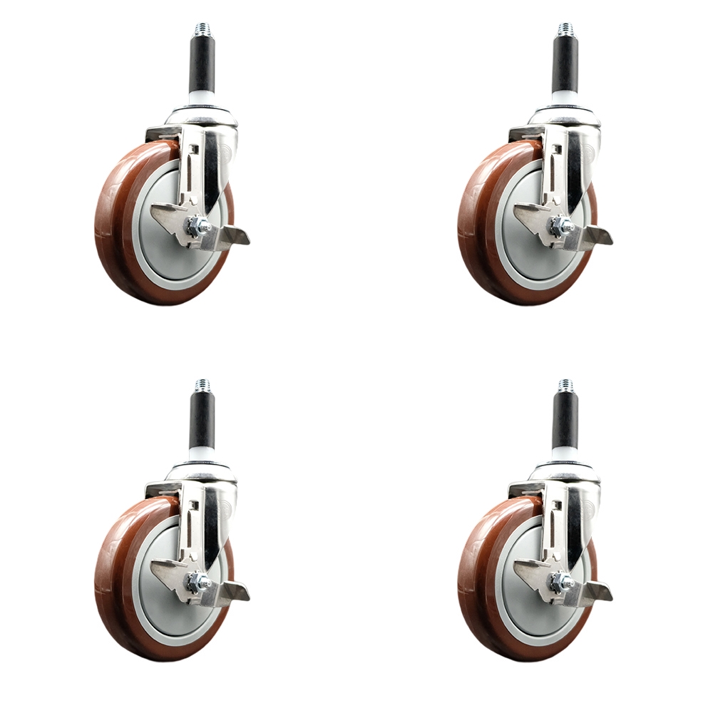 Polyurethane Swivel Stem Caster Set of 4 with 5 Inch Maroon Caster Wheels - 3/4" Expanding Stems - 316 Stainless Steel Casters - Includes 4 Swivel Casters with Top Lock Brakes - Service Caster Brand — photo 1