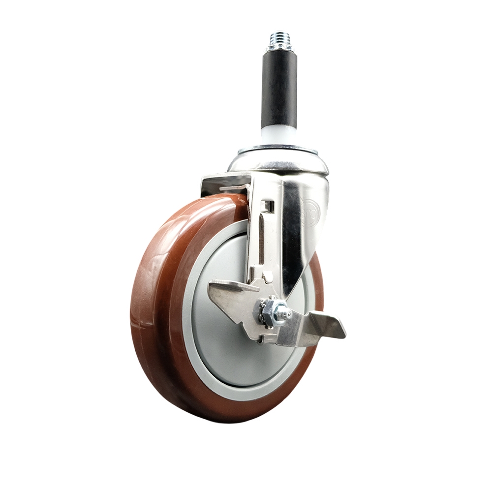 Polyurethane Swivel Stem Caster with 5 Inch Maroon Caster Wheel and Top Lock Brake - 3/4" Expanding Stem - 316 Stainless Steel Caster - 350 lbs. Capacity Per Caster - Service Caster Brand — photo 1