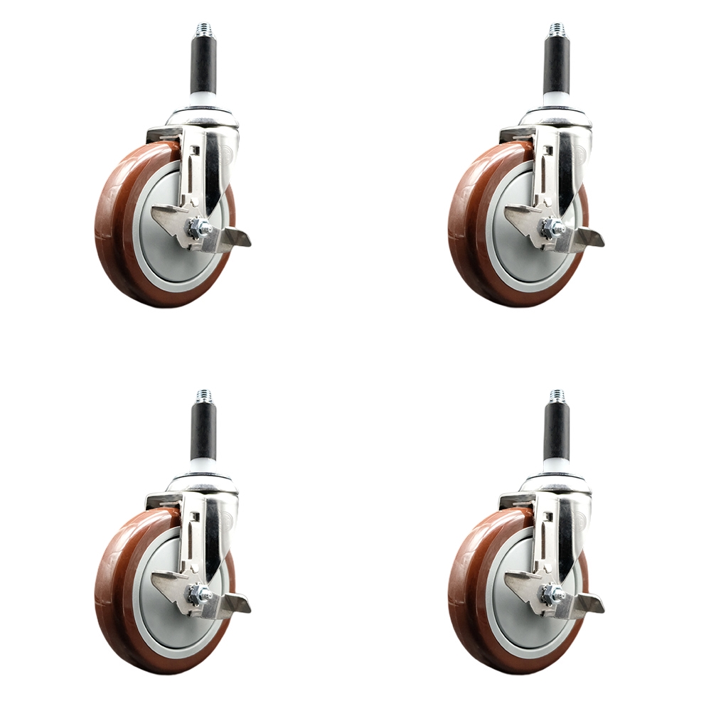Polyurethane Swivel Stem Caster Set of 4 with 5 Inch Maroon Caster Wheels - 7/8" Expanding Stems - 316 Stainless Steel Casters - Includes 4 Swivel Casters with Top Lock Brakes - Service Caster Brand — photo 1
