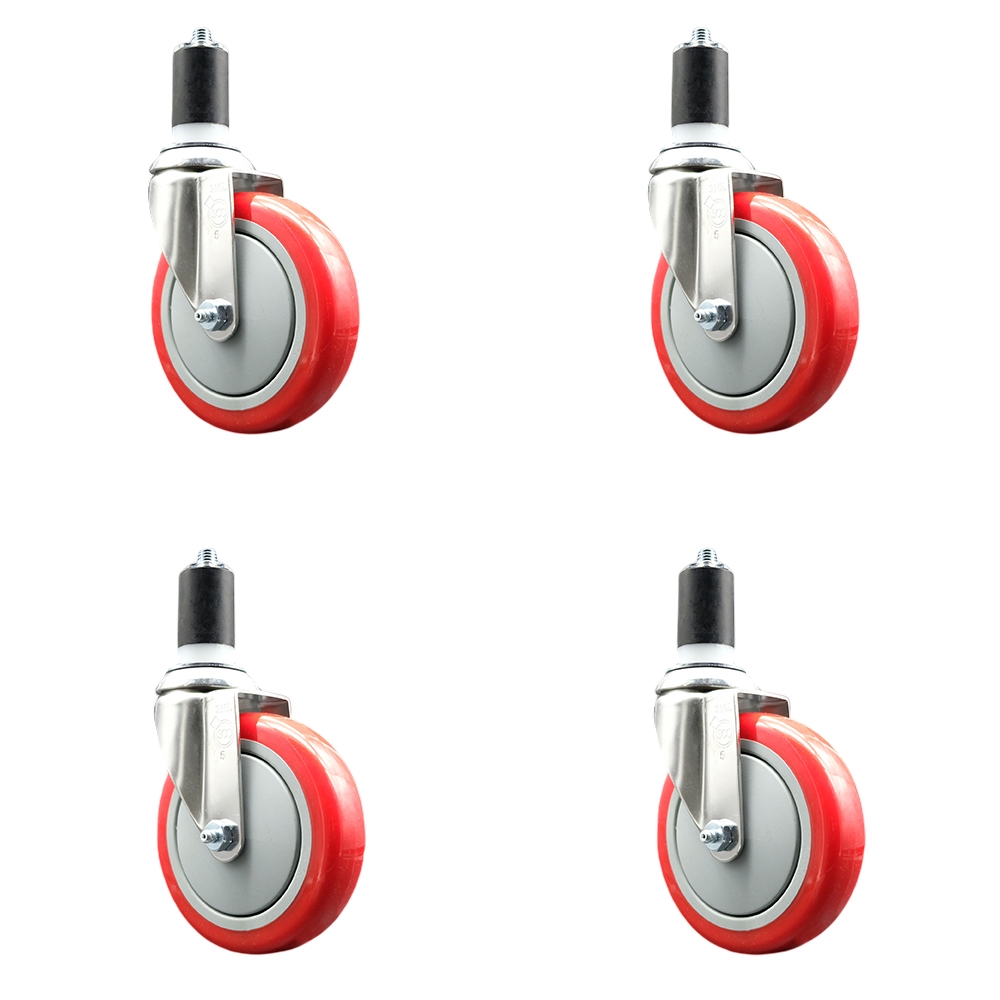 Polyurethane Swivel Stem Caster Set of 4 with 5 Inch Red Caster Wheels - 1-1/2" Expanding Stems - 316 Stainless Steel Casters - Includes 4 Swivel Casters - Service Caster Brand — photo 1