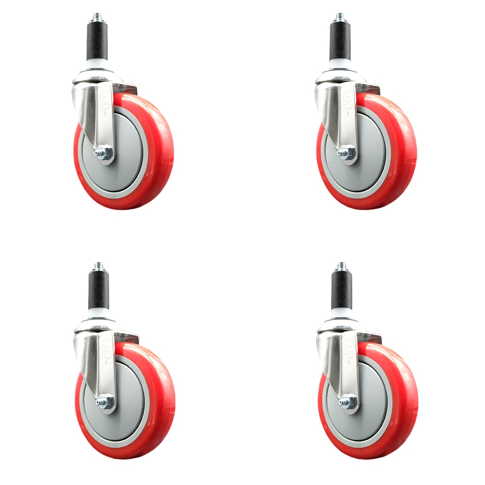 Polyurethane Swivel Stem Caster Set of 4 with 5 Inch Red Caster Wheels - 1-1/4" Expanding Stems - 316 Stainless Steel Casters - Includes 4 Swivel Casters - Service Caster Brand — photo 1