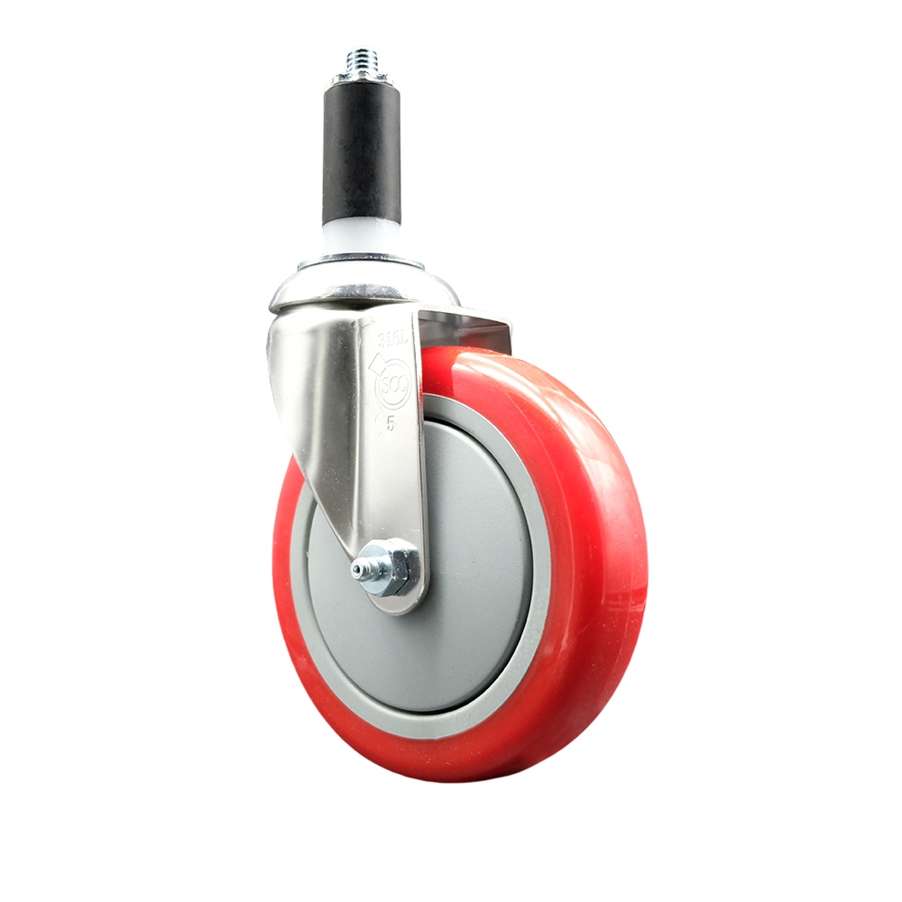Polyurethane Swivel Stem Caster with 5 Inch Red Caster Wheel - 1-1/4" Expanding Stem - 316 Stainless Steel Caster - 350 lbs. Capacity Per Caster - Service Caster Brand — photo 1