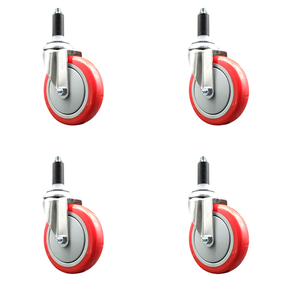 Polyurethane Swivel Stem Caster Set of 4 with 5 Inch Red Caster Wheels - 1-1/8" Expanding Stems - 316 Stainless Steel Casters - Includes 4 Swivel Casters - Service Caster Brand — photo 1
