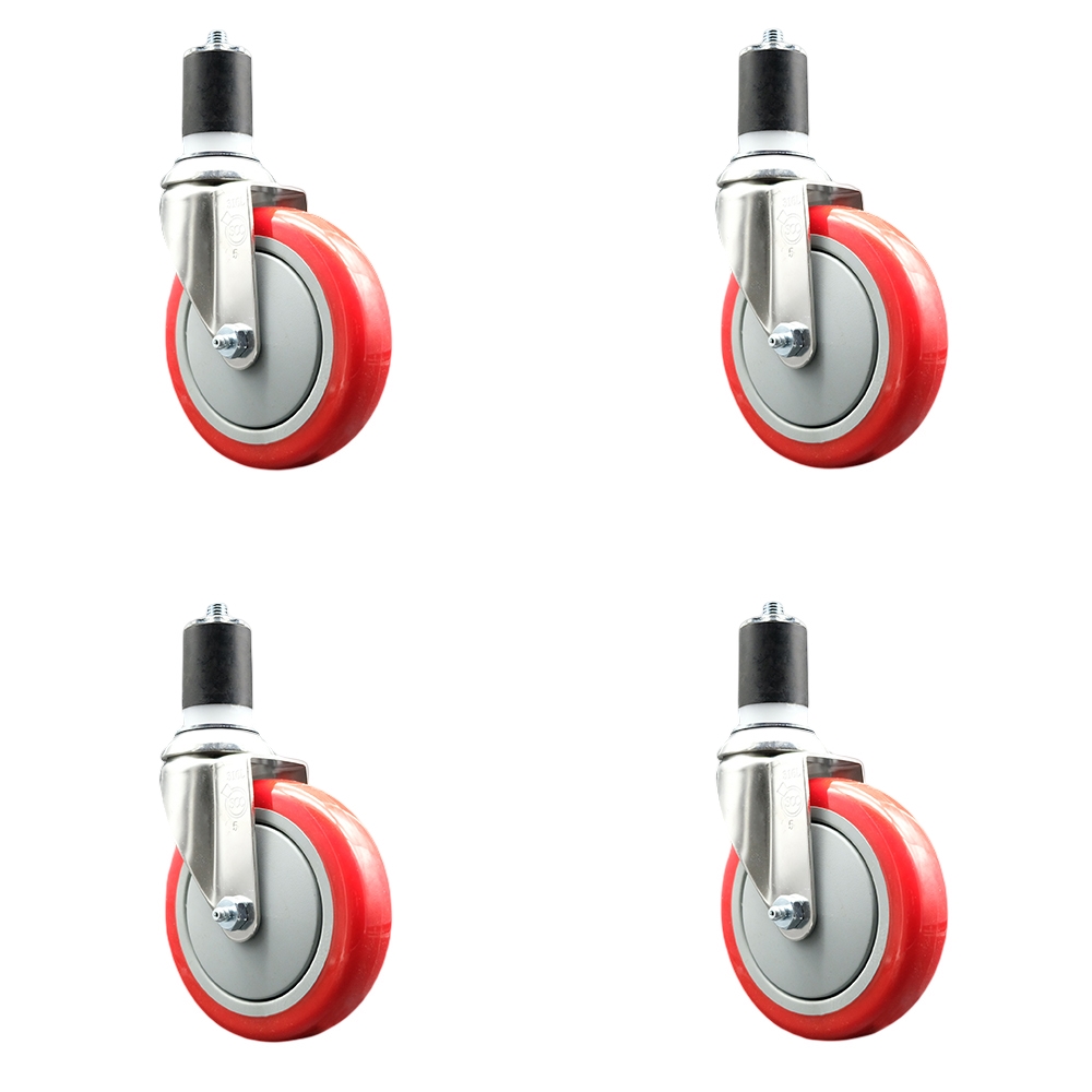 Polyurethane Swivel Stem Caster Set of 4 with 5 Inch Red Caster Wheels - 1-3/4" Expanding Stems - 316 Stainless Steel Casters - Includes 4 Swivel Casters - Service Caster Brand — photo 1