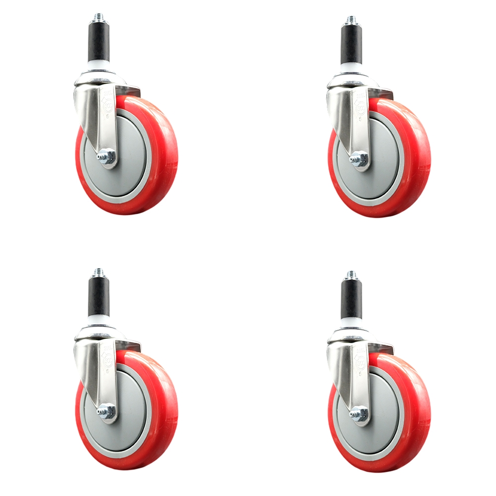 Polyurethane Swivel Stem Caster Set of 4 with 5 Inch Red Caster Wheels - 1-3/8" Expanding Stems - 316 Stainless Steel Casters - Includes 4 Swivel Casters - Service Caster Brand — photo 1