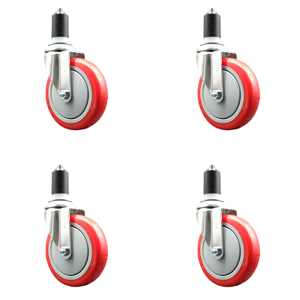 Polyurethane Swivel Stem Caster Set of 4 with 5 Inch Red Caster Wheels - 1-5/8" Expanding Stems - 316 Stainless Steel Casters - Includes 4 Swivel Casters - Service Caster Brand — photo 1