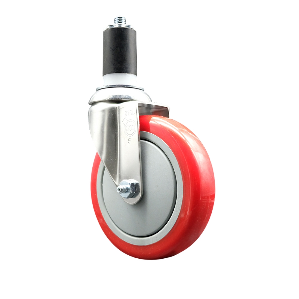 Polyurethane Swivel Stem Caster with 5 Inch Red Caster Wheel - 1-5/8" Expanding Stem - 316 Stainless Steel Caster - 350 lbs. Capacity Per Caster - Service Caster Brand — photo 1