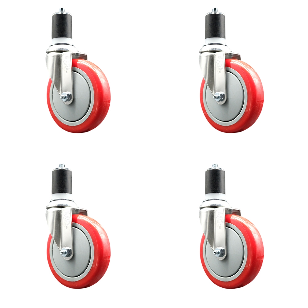 Polyurethane Swivel Stem Caster Set of 4 with 5 Inch Red Caster Wheels - 1-7/8" Expanding Stems - 316 Stainless Steel Casters - Includes 4 Swivel Casters - Service Caster Brand — photo 1