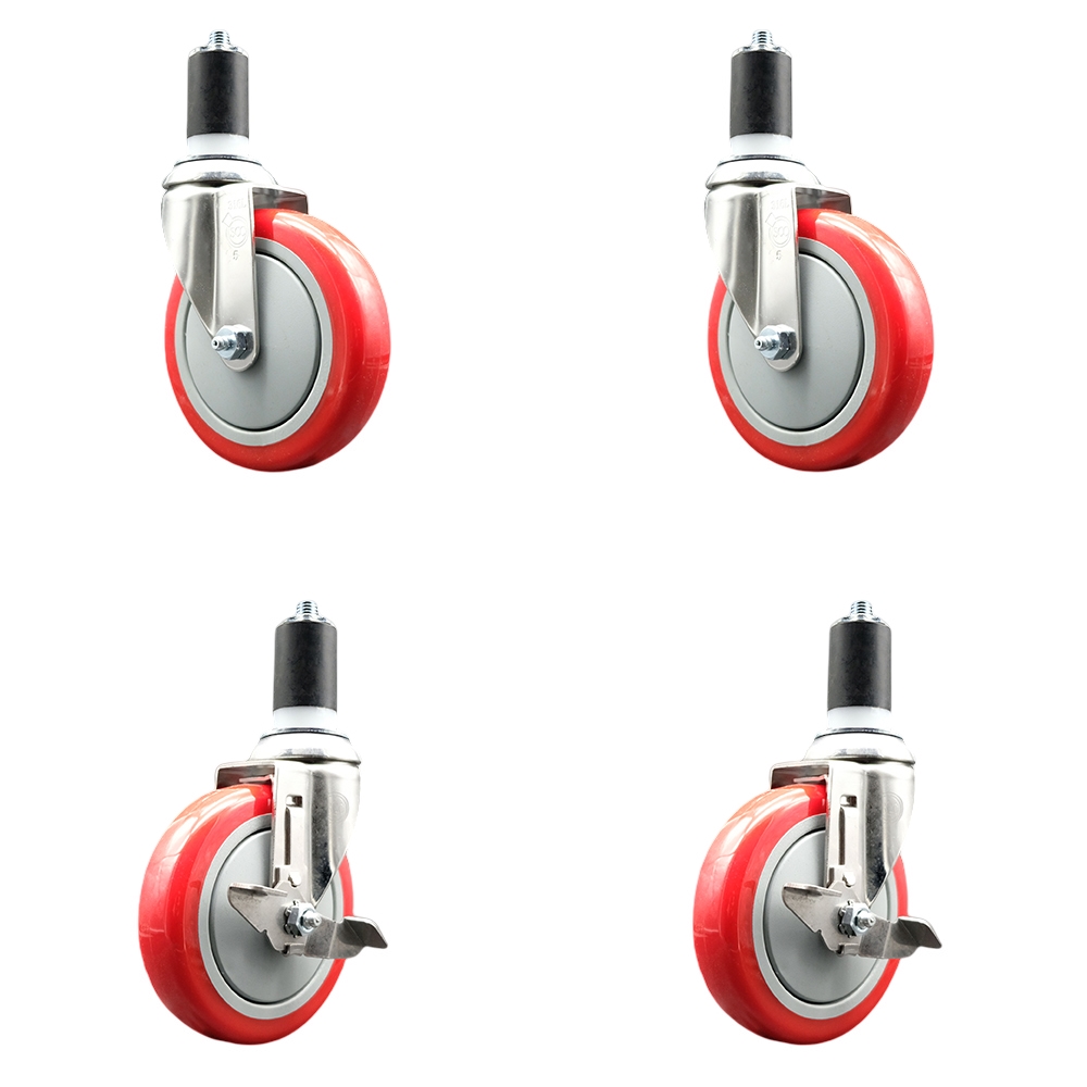 Polyurethane Swivel Stem Caster Set of 4 with 5 Inch Red Caster Wheels - 1-1/2" Expanding Stems - 316 Stainless Steel Casters-Includes 2 Swivel with Top Lock Brakes and 2 Swivel-Service Caster Brand — photo 1