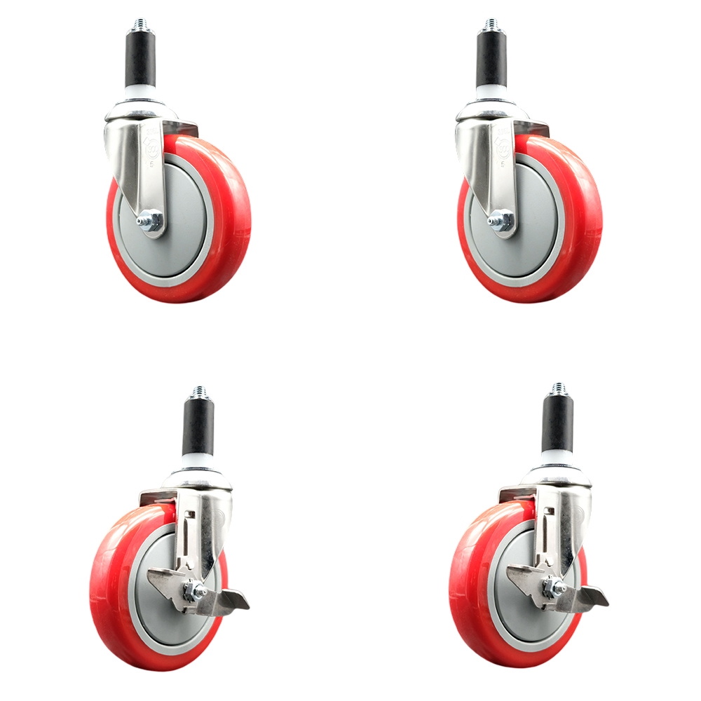 Polyurethane Swivel Stem Caster Set of 4 with 5 Inch Red Caster Wheels - 1-1/4" Expanding Stems - 316 Stainless Steel Casters-Includes 2 Swivel with Top Lock Brakes and 2 Swivel-Service Caster Brand — photo 1