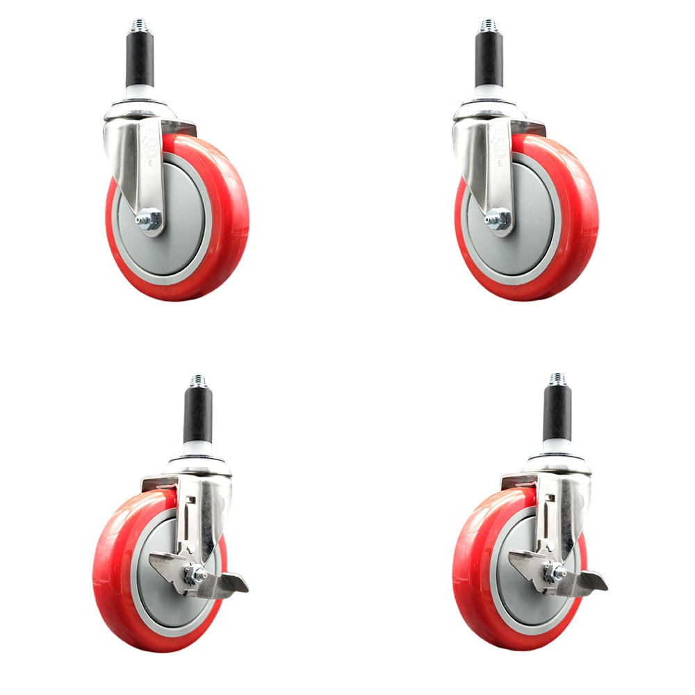 Polyurethane Swivel Stem Caster Set of 4 with 5 Inch Red Caster Wheels - 1-1/8" Expanding Stems - 316 Stainless Steel Casters-Includes 2 Swivel with Top Lock Brakes and 2 Swivel-Service Caster Brand — photo 1