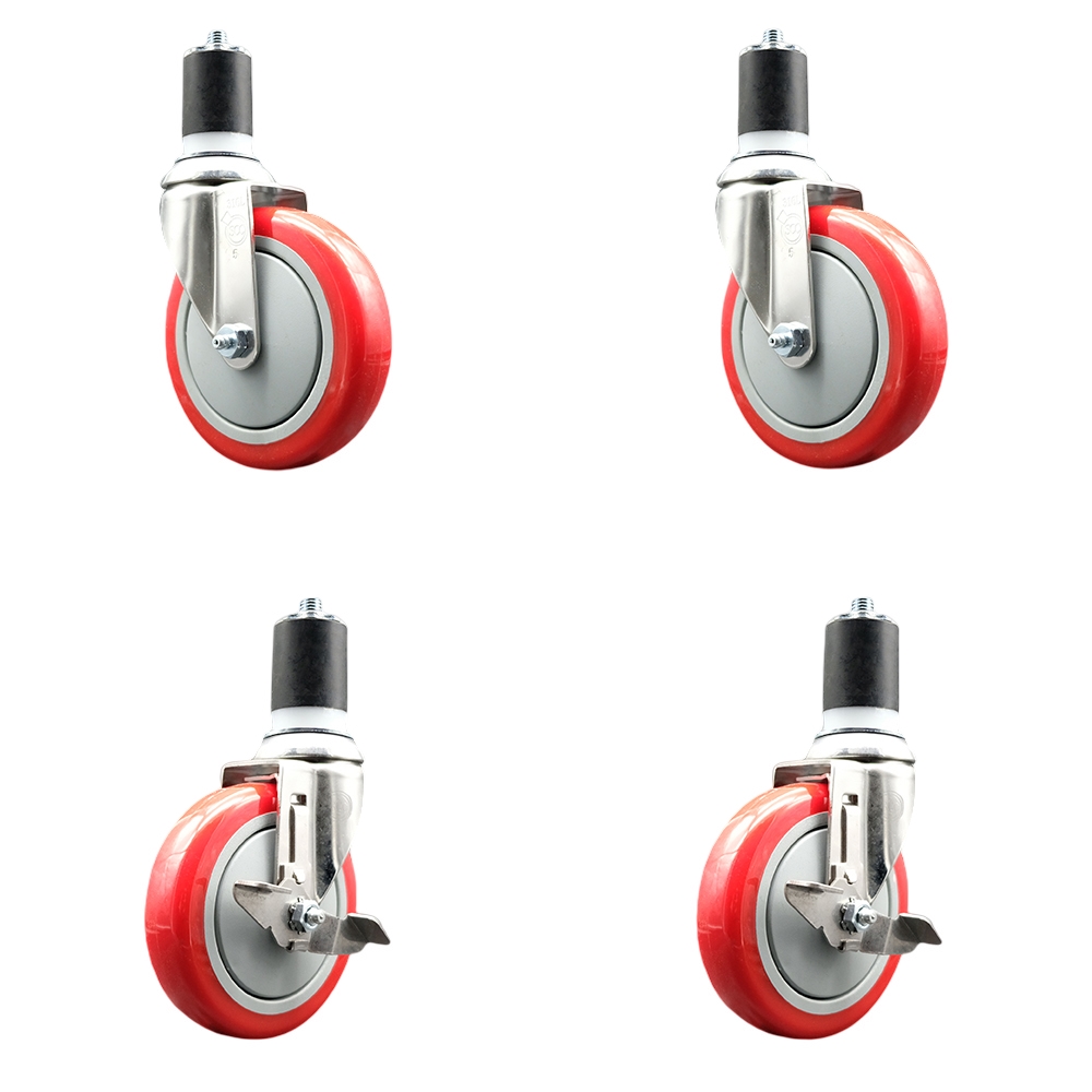 Polyurethane Swivel Stem Caster Set of 4 with 5 Inch Red Caster Wheels - 1-3/4" Expanding Stems - 316 Stainless Steel Casters-Includes 2 Swivel with Top Lock Brakes and 2 Swivel-Service Caster Brand — photo 1