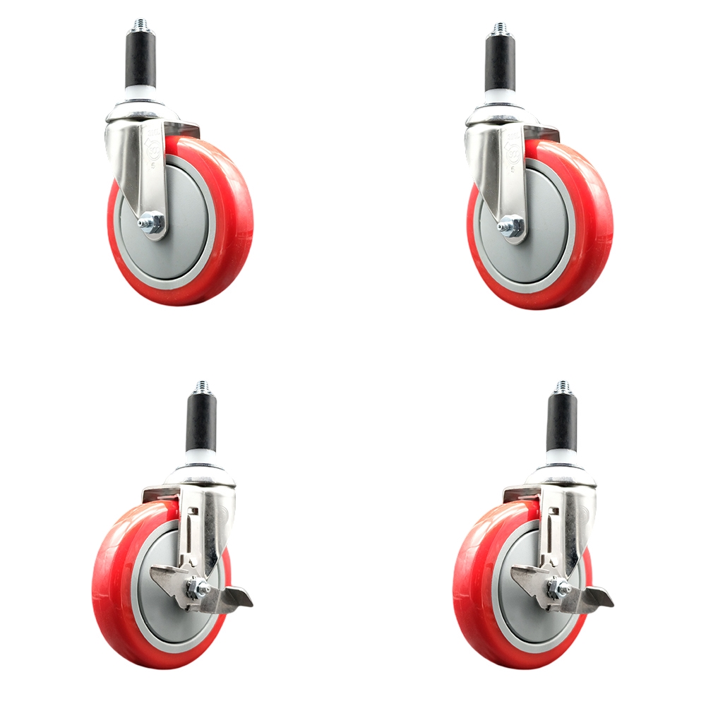 Polyurethane Swivel Stem Caster Set of 4 with 5 Inch Red Caster Wheels - 1-3/8" Expanding Stems - 316 Stainless Steel Casters-Includes 2 Swivel with Top Lock Brakes and 2 Swivel-Service Caster Brand — photo 1