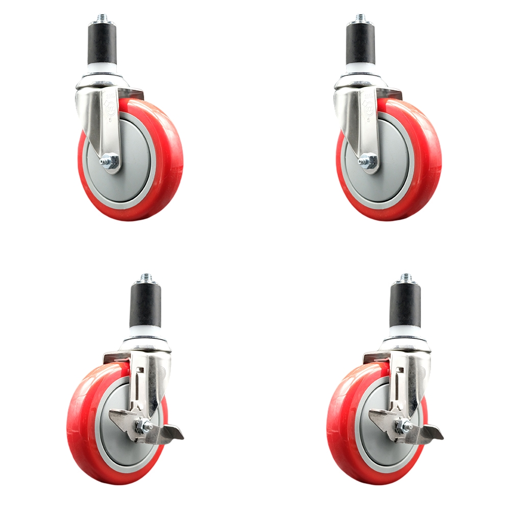 Polyurethane Swivel Stem Caster Set of 4 with 5 Inch Red Caster Wheels - 1-5/8" Expanding Stems - 316 Stainless Steel Casters-Includes 2 Swivel with Top Lock Brakes and 2 Swivel-Service Caster Brand — photo 1
