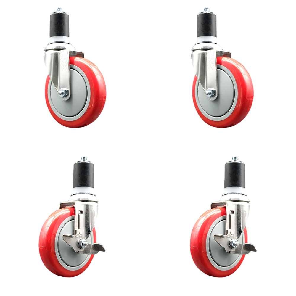 Polyurethane Swivel Stem Caster Set of 4 with 5 Inch Red Caster Wheels - 1-7/8" Expanding Stems - 316 Stainless Steel Casters-Includes 2 Swivel with Top Lock Brakes and 2 Swivel-Service Caster Brand — photo 1