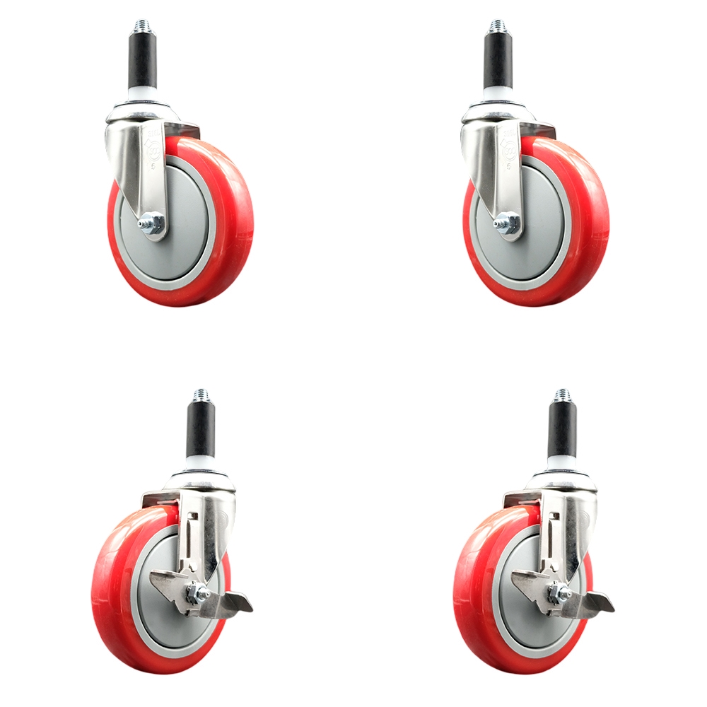 Polyurethane Swivel Stem Caster Set of 4 with 5 Inch Red Caster Wheels - 1" Expanding Stems - 316 Stainless Steel Casters - Includes 2 Swivel with Top Lock Brakes and 2 Swivel - Service Caster Brand — photo 1
