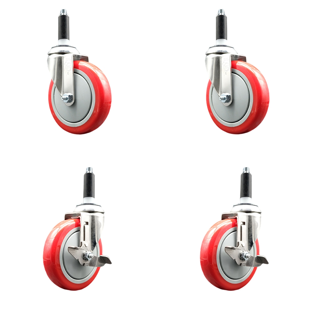 Polyurethane Swivel Stem Caster Set of 4 with 5 Inch Red Caster Wheels - 3/4" Expanding Stems - 316 Stainless Steel Casters - Includes 2 Swivel with Top Lock Brakes and 2 Swivel-Service Caster Brand — photo 1