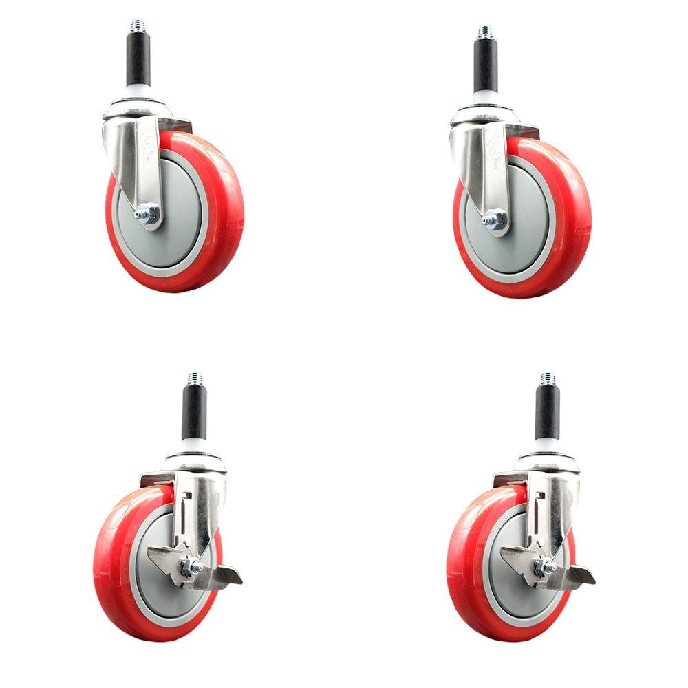 Polyurethane Swivel Stem Caster Set of 4 with 5 Inch Red Caster Wheels - 7/8" Expanding Stems - 316 Stainless Steel Casters - Includes 2 Swivel with Top Lock Brakes and 2 Swivel-Service Caster Brand — photo 1