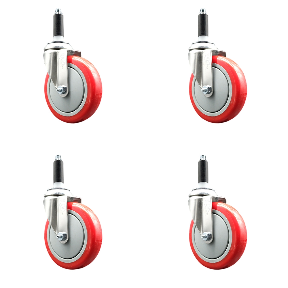 Polyurethane Swivel Stem Caster Set of 4 with 5 Inch Red Caster Wheels - 3/4" Expanding Stems - 316 Stainless Steel Casters - Includes 4 Swivel Casters - Service Caster Brand — photo 1