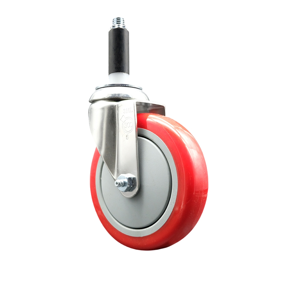 Polyurethane Swivel Stem Caster with 5 Inch Red Caster Wheel - 3/4" Expanding Stem - 316 Stainless Steel Caster - 350 lbs. Capacity Per Caster - Service Caster Brand — photo 1
