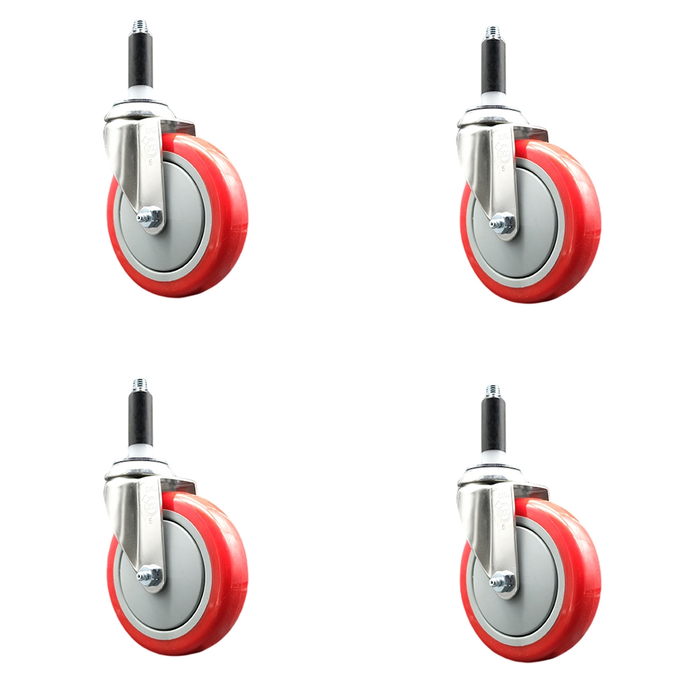 Polyurethane Swivel Stem Caster Set of 4 with 5 Inch Red Caster Wheels - 7/8" Expanding Stems - 316 Stainless Steel Casters - Includes 4 Swivel Casters - Service Caster Brand — photo 1