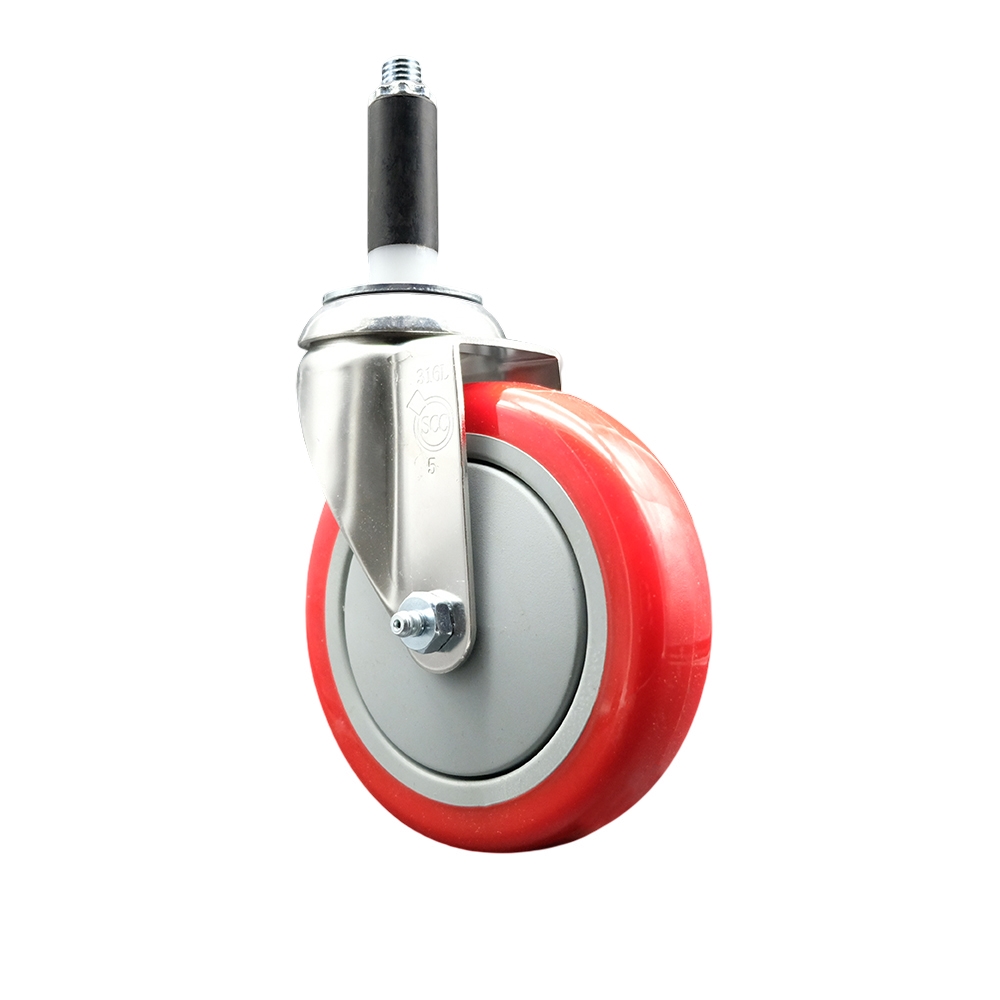 Polyurethane Swivel Stem Caster with 5 Inch Red Caster Wheel - 7/8" Expanding Stem - 316 Stainless Steel Caster - 350 lbs. Capacity Per Caster - Service Caster Brand — photo 1
