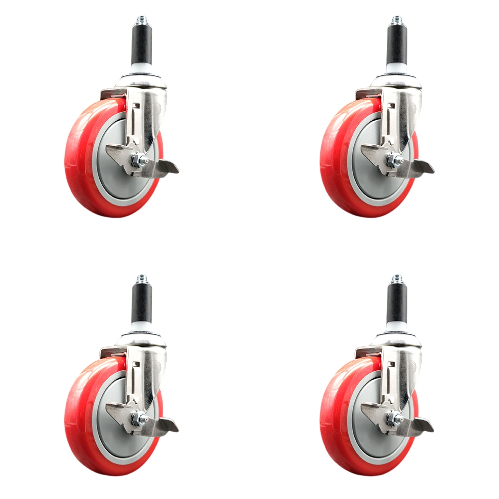 Polyurethane Swivel Stem Caster Set of 4 with 5 Inch Red Caster Wheels - 1" Expanding Stems - 316 Stainless Steel Casters - Includes 4 Swivel Casters with Top Lock Brakes - Service Caster Brand — photo 1