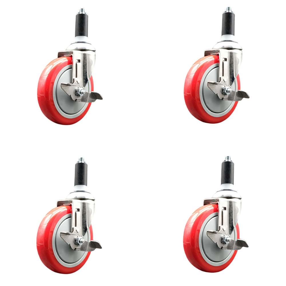 Polyurethane Swivel Stem Caster Set of 4 with 5 Inch Red Caster Wheels - 1-1/4" Expanding Stems - 316 Stainless Steel Casters - Includes 4 Swivel Casters with Top Lock Brakes - Service Caster Brand — photo 1