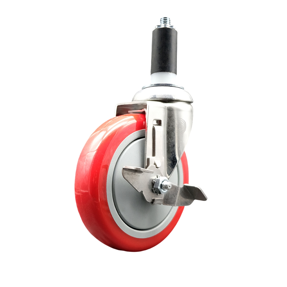 Polyurethane Swivel Stem Caster with 5 Inch Red Caster Wheel and Top Lock Brake - 1-1/4" Expanding Stem - 316 Stainless Steel Caster - 350 lbs. Capacity Per Caster - Service Caster Brand — photo 1