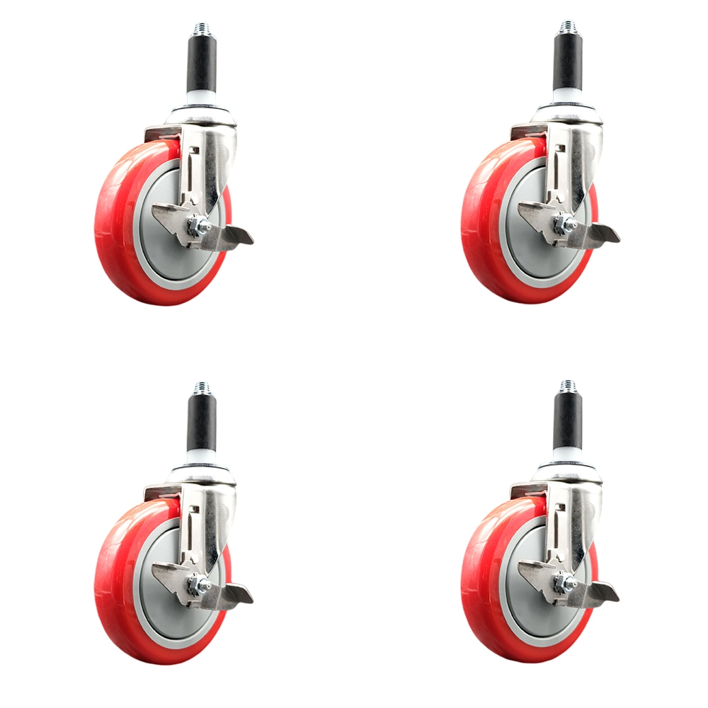 Polyurethane Swivel Stem Caster Set of 4 with 5 Inch Red Caster Wheels - 1-1/8" Expanding Stems - 316 Stainless Steel Casters - Includes 4 Swivel Casters with Top Lock Brakes - Service Caster Brand — photo 1