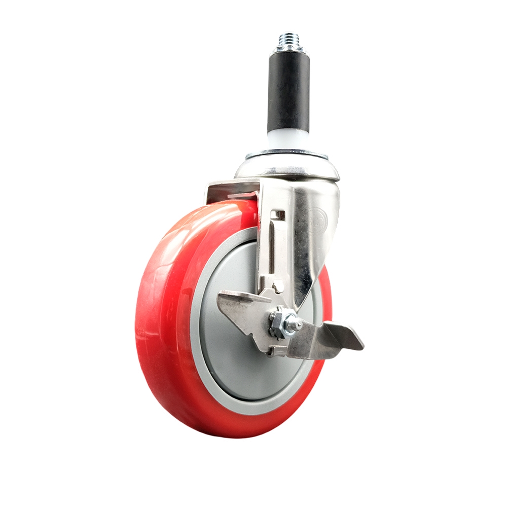Polyurethane Swivel Stem Caster with 5 Inch Red Caster Wheel and Top Lock Brake - 1-1/8" Expanding Stem - 316 Stainless Steel Caster - 350 lbs. Capacity Per Caster - Service Caster Brand — photo 1
