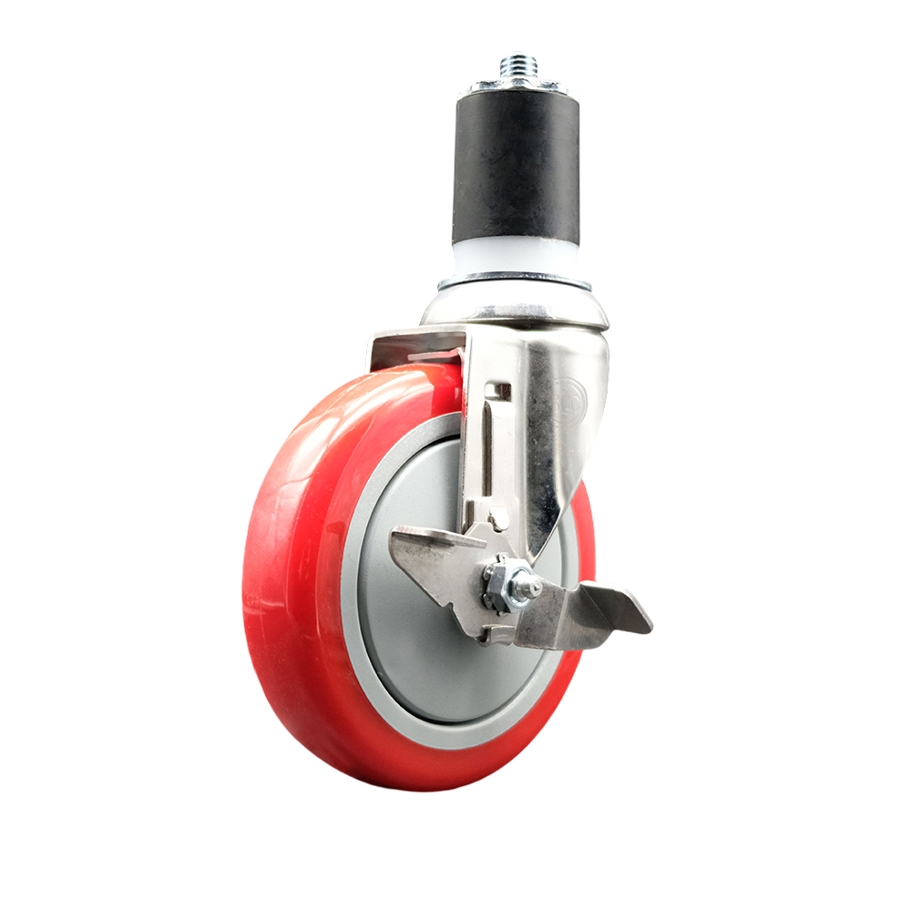 Polyurethane Swivel Stem Caster with 5 Inch Red Caster Wheel and Top Lock Brake - 1-3/4" Expanding Stem - 316 Stainless Steel Caster - 350 lbs. Capacity Per Caster - Service Caster Brand — photo 1