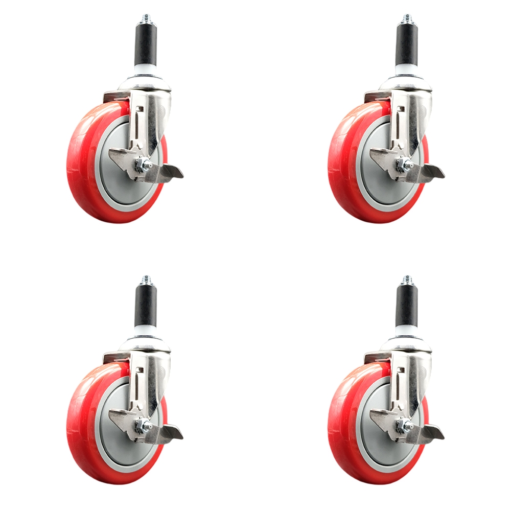 Polyurethane Swivel Stem Caster Set of 4 with 5 Inch Red Caster Wheels - 1-3/8" Expanding Stems - 316 Stainless Steel Casters - Includes 4 Swivel Casters with Top Lock Brakes - Service Caster Brand — photo 1