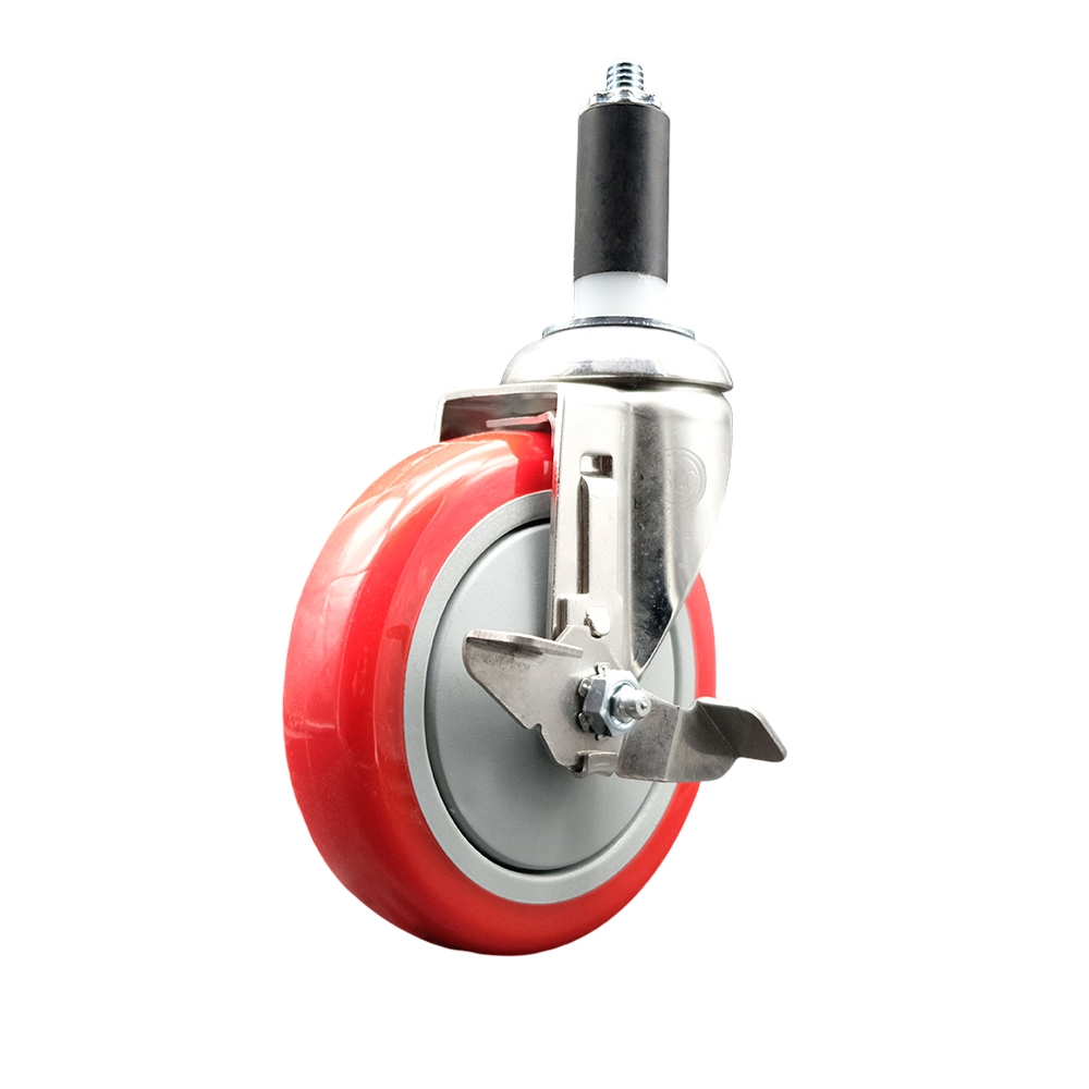 Polyurethane Swivel Stem Caster with 5 Inch Red Caster Wheel and Top Lock Brake - 1-3/8" Expanding Stem - 316 Stainless Steel Caster - 350 lbs. Capacity Per Caster - Service Caster Brand — photo 1