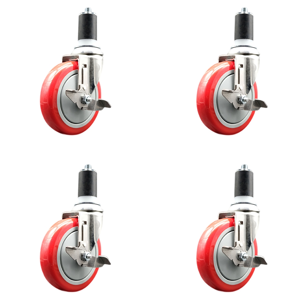 Polyurethane Swivel Stem Caster Set of 4 with 5 Inch Red Caster Wheels - 1-5/8" Expanding Stems - 316 Stainless Steel Casters - Includes 4 Swivel Casters with Top Lock Brakes - Service Caster Brand — photo 1