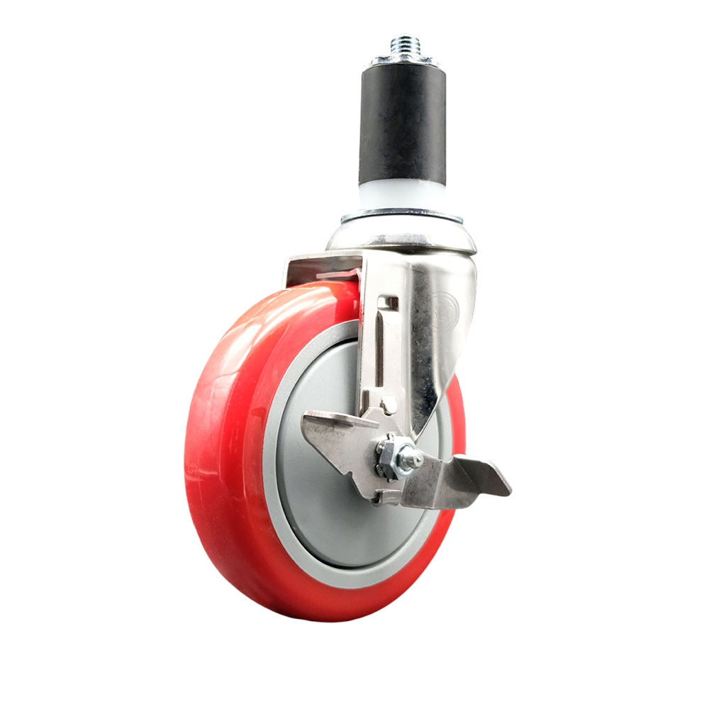 Polyurethane Swivel Stem Caster with 5 Inch Red Caster Wheel and Top Lock Brake - 1-5/8" Expanding Stem - 316 Stainless Steel Caster - 350 lbs. Capacity Per Caster - Service Caster Brand — photo 1