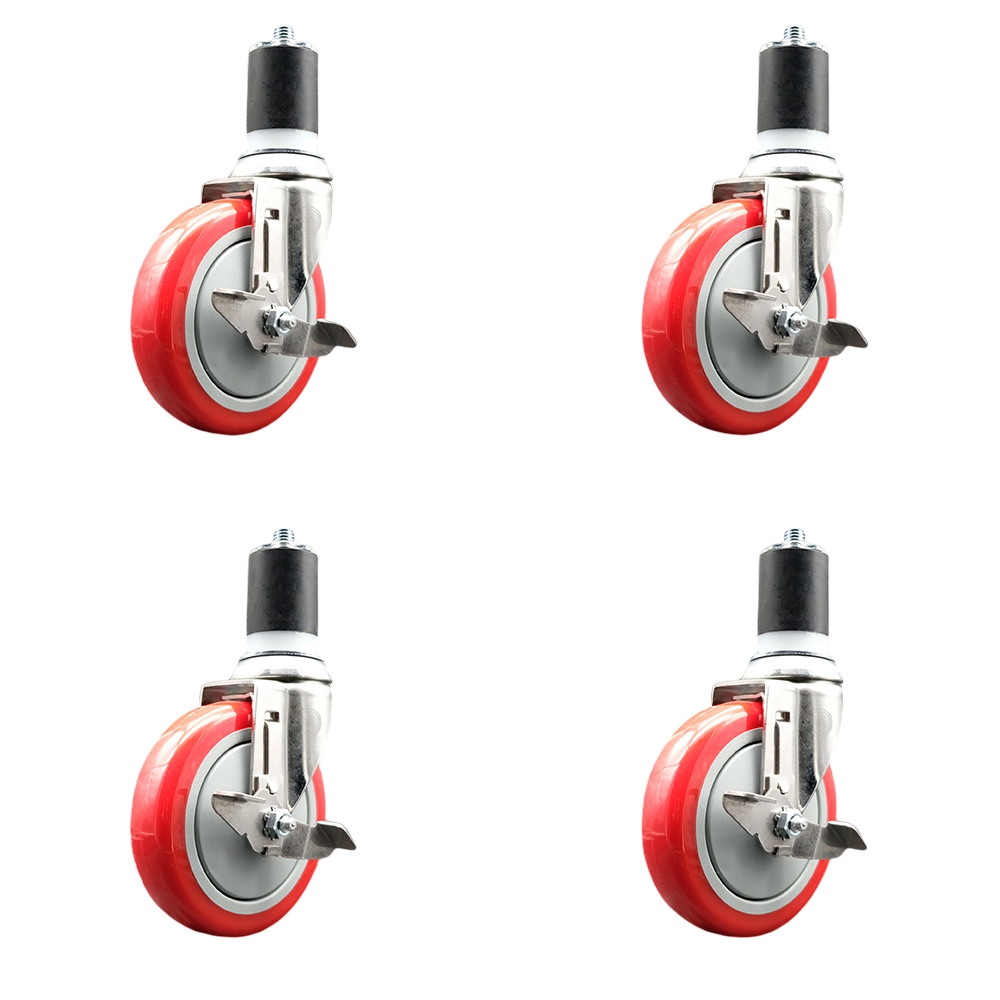 Polyurethane Swivel Stem Caster Set of 4 with 5 Inch Red Caster Wheels - 1-7/8" Expanding Stems - 316 Stainless Steel Casters - Includes 4 Swivel Casters with Top Lock Brakes - Service Caster Brand — photo 1